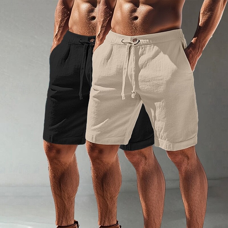 Men's Shorts Linen Shorts Summer Shorts Beach Shorts Elastic Waist Drawstring Plain Comfort Breathable Knee Length Outdoor Daily Beach Vacation Fashion White+khaki Khaki+Black Inelastic4