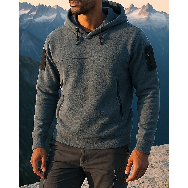 Men's Fleece Hoodie Long Sleeve Hooded Top Outdoor Thermal Warm Winter Polyester Black Army Green Grey Traveling Running