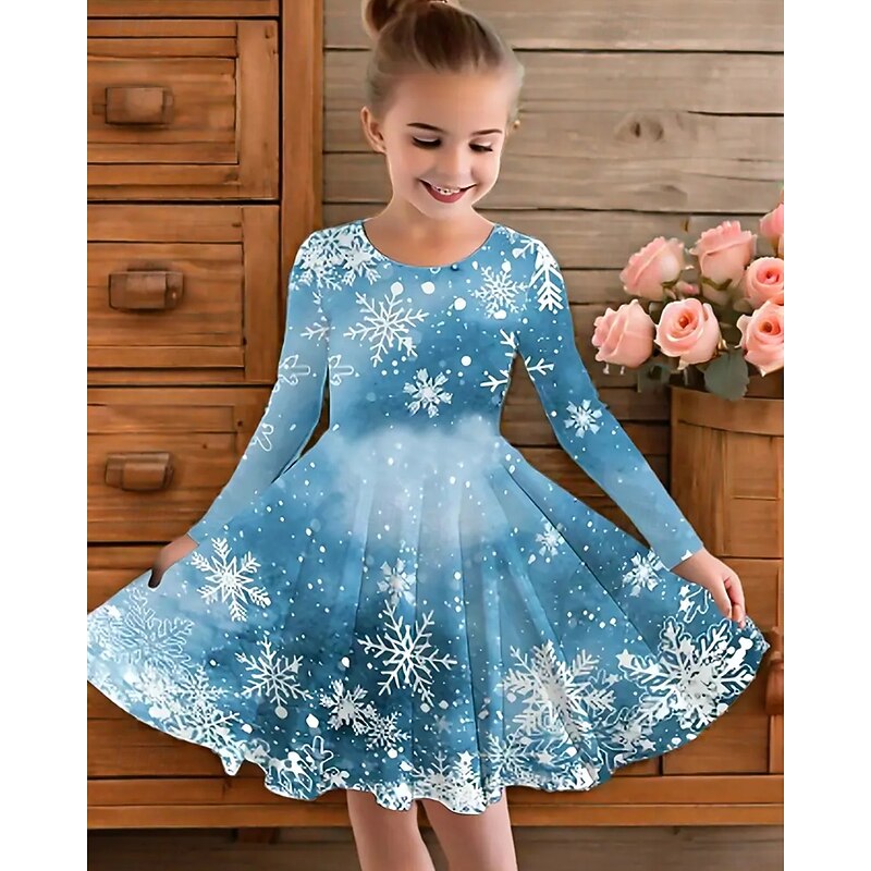 Christmas Girls' 3D Elk Snowflake Dress Long Sleeve Summer Spring Vacation Daily Holiday Princess Beautiful Sweet Kids 4-12 Years Casual Dress A Line Dress Knee-length Regular Fit