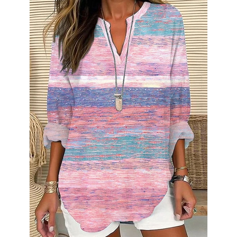 Women's Blouse Tunic V Neck Long Sleeve Boho Casual Tops Ombre Graphic Striped Vintage Daily Stylish Regular Tops Daily Print Pink Purple Orange Fall