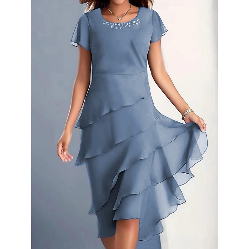 Women's Midi Dress Cocktail Dress Wedding Guest Dress Chiffon Dress Plain Dress Elegant Formal Wedding Guest Cocktail Party Regular Fit Short Sleeve Crew Neck Wine Blue Camel Green Summer