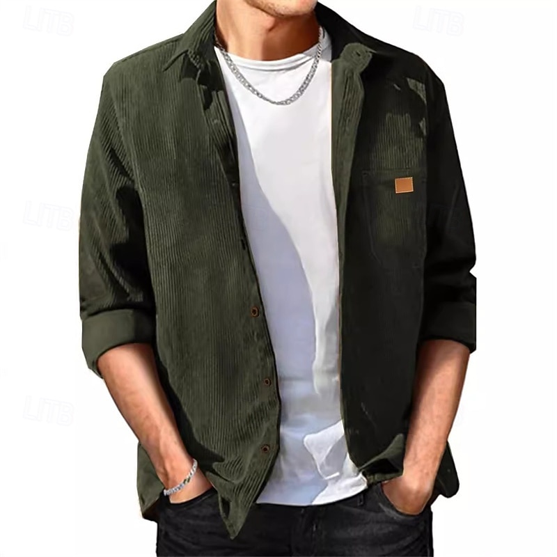 Men's Shirt Jacket Corduroy Jacket Casual Jacket Shacket Vacation Daily Breathable Pocket Spring Fall Plain Fashion Classic Lapel Regular Black Khaki Army Green Jacket