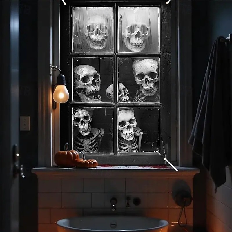 Halloween Window Curtain Creepy Skull Collage Black and White, Scary Door Cover, Window cover,  Wall Tapestry for 2025 Halloween Haunted House and Home decoration
