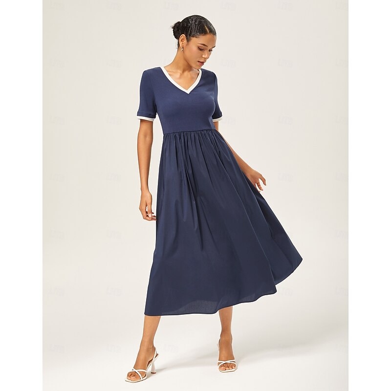 Navy Blue Cotton Knit-Woven Panel Dress