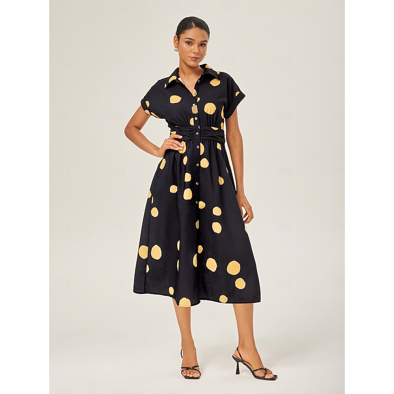 Retro Black Yellow Polka Dot Cinched Dress