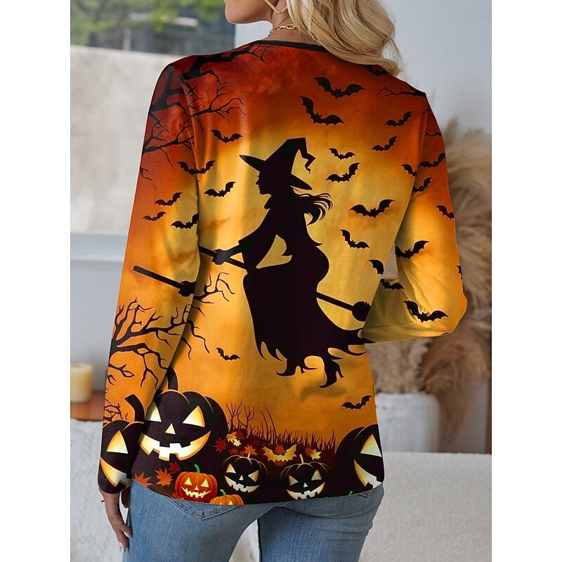 Halloween Women's T shirt Witch Long Sleeve Ombre Graphic Geometric Vintage Stylish Classic Long Sleeve Notched Neck Regular Tops Daily Print Purple Orange Green Spring Fall Prefall2