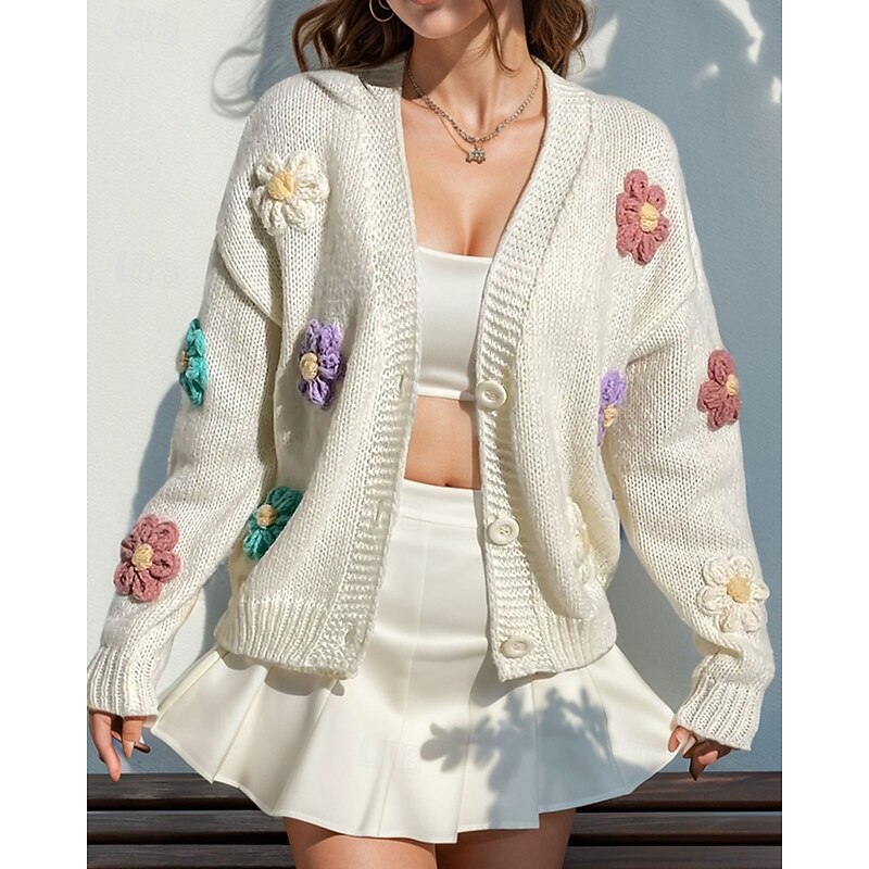 Women's Sweater Cardigan Fashion Streetwear Daily Floral Ribbed Open Front Knitted Long Sleeve Regular Tops Knit Holiday Going out Weekend White Pink Fall Winter2