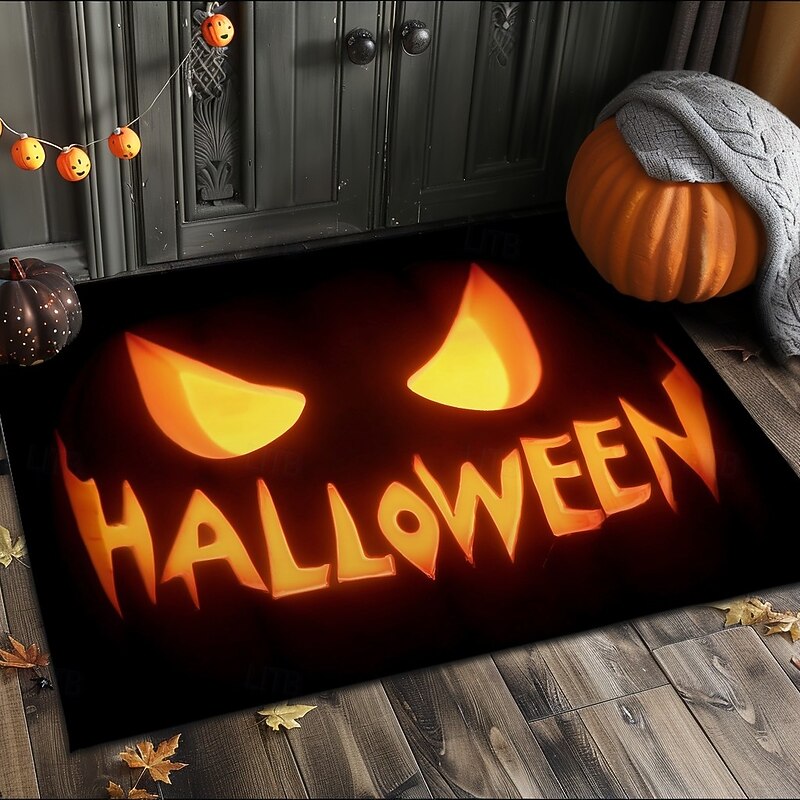 Halloween Indoor Outdoor Doormat Kitchen Mat Glowing Pumpkin Face Design, Non-Slip Front Door Mat for Porch, Entryway, Patio, Bedroom, Bathroom and 2025 Halloween Home Decoration