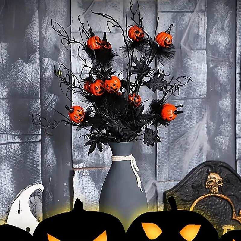 4 Bundles Halloween Pumpkin Artificial Flowers, Unique Mysterious Gothic Style 18.5 Inch Faux Pumpkin Bouquets for Home Decor, Themed Party Decorations, and Table Display - Main Image