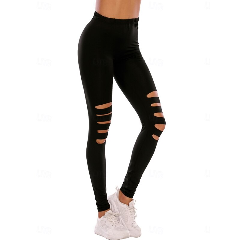 Women's Leggings Cozy Leggings Streetwear Casual Long High Waist Plain Ripped High Cut Breathability Soft Stretchy Vacation Street Daily Wear Black Fall Regular Fit4