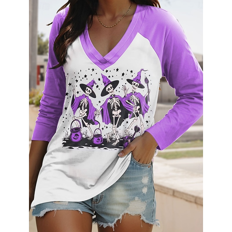 Halloween Women's T Shirt Skulls V Neck Long Sleeve Graphic Casual Vintage Stylish Classic Regular Tops Daily Print Pink Blue Purple Orange Green Spring Fall4