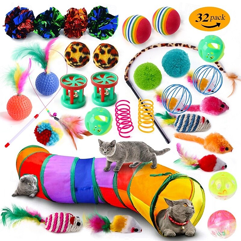 32pcs Ball Feather Toy Mice & Animal Toy Tunnels Squeak Toy with Durable Pet Exercise Releasing Pressure Pet Training Teething Rope Toy for Cat Indoor Outdoor Pet Play3