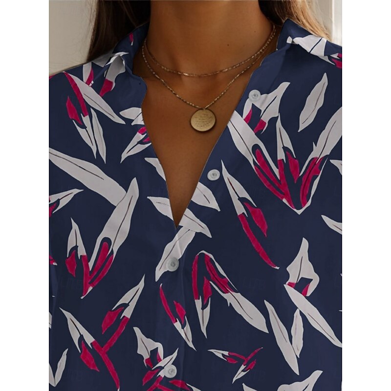 Women's Shirt Leaf Active Daily Stylish Long Sleeve Shirt Collar Regular Tops Daily Holiday Buttons Print Navy Blue Spring Fall3