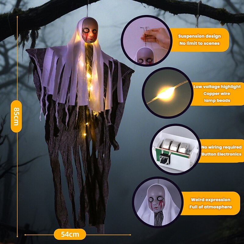 1 Pc Halloween nun hanging ghost decoration lights, eerie expression, skull ghost, indoor and outdoor terrifying atmosphere, decoration hanging ornaments3