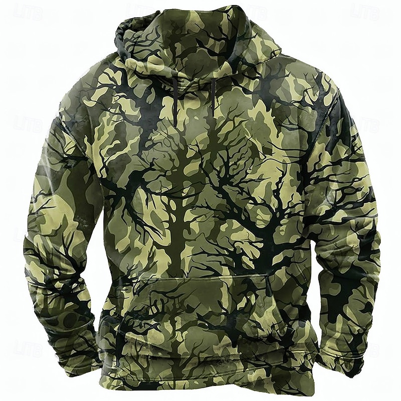 Men's Camo / Camouflage Hoodies Sweatshirt Ethnic Long Sleeve Crew Neck Holiday Hunting Purple Brown Drawstring Fall Winter Designer