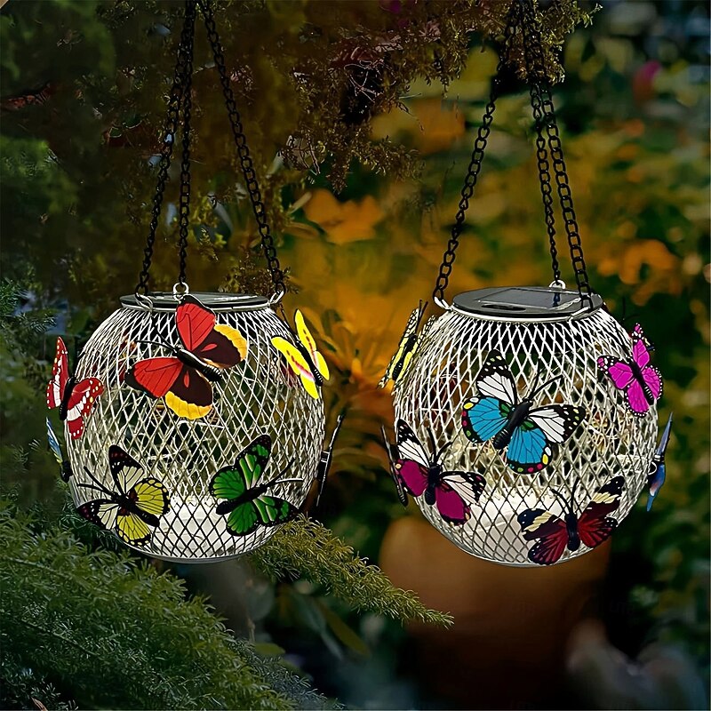 Solar Butterfly Lanterns Landscape Pendant Light Iron Hollow Lantern Decorative Light Mesh Light Lawn Wind Light Lantern  1PC4