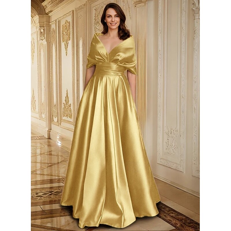 Gold A-Line Evening Gown Elegant Dress Formal Wedding Guest Floor Length Short Sleeve Queen Anne Pocket Satin with Bow(s)2
