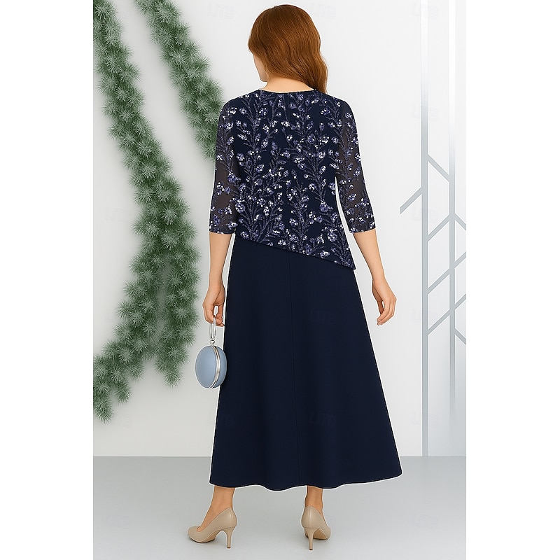 Bead Lace A-Line Mother of the Bride Dress Elegant Poncho Style Simple Minimalist Boat Neck Floor Length Chiffon Beaded Lace 3/4 Length Sleeve3