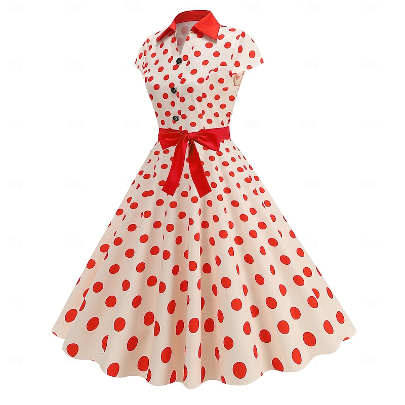 Retro Vintage 1950s Rockabilly Midi Swing Dress Flare Dress Shirt Dress Fit and Flare Polka Dot Fancy Dress Women's Halloween Carnival Vacation Casual Daily Retro Theme Party Adults' Dress Belt2
