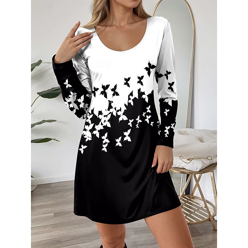 Women's Mini Dress Crew Neck Long Sleeve T Shirt Dress Tee Dress A Line Dress Casual Daily Regular Fit Graphic Butterfly White Pink Blue Purple Fall Winter
