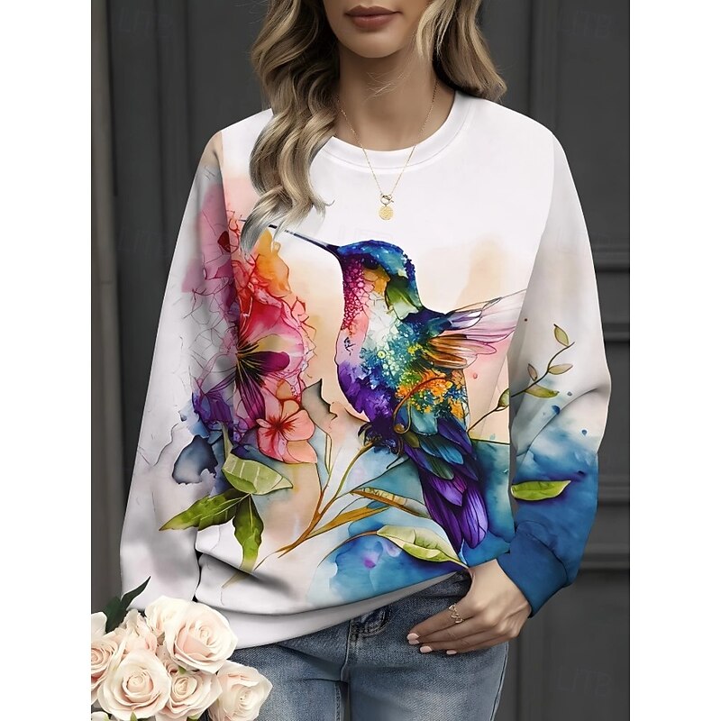 Women's Pullover Sweatshirt Floral Graphic Animal Casual Long Sleeve Crew Neck Round Neck Regular Tops Street Casual Holiday Print White Green Spring Fall Winter2