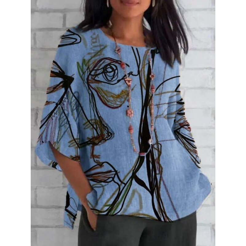 Women's Shirt Abstract Daily Casual 3/4 Length Sleeve Crew Neck Regular Tops Daily Holiday Print White Blue Green Summer Spring Fall3