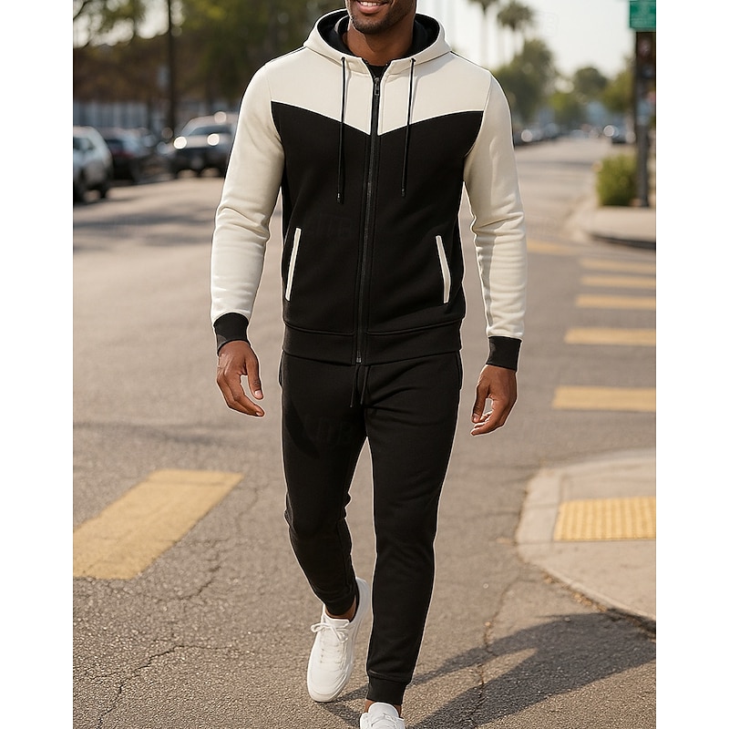 Men's Tracksuit Sweatpants Hooded Jacket Hooded Zipper Pocket Color Block Clothing Suit Fall & Winter White Army Green Gym Training Running Windproof Long Sleeve Sport Activewear Micro-elastic
