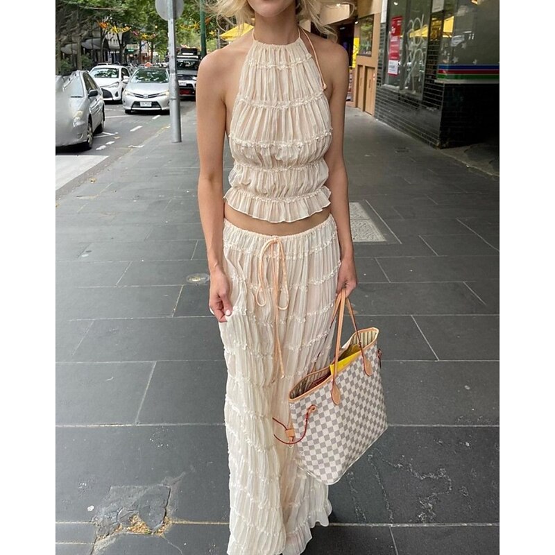 Women's Active Streetwear Blouse Skirt Sets Long Sleeve Halter Neck Solid Color Ruched Daily Casual Daily Black White Pink Summer Regular Fit2