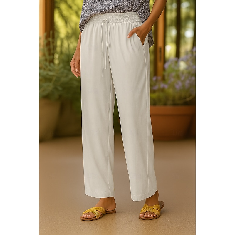 Women's Cotton Linen Pants Chinos Fashion Basic Casual Full Length High Waist Plain Drawstring Comfort Outdoor Stretchy Vacation Street Daily Black Khaki Beige Summer Spring Regular Fit