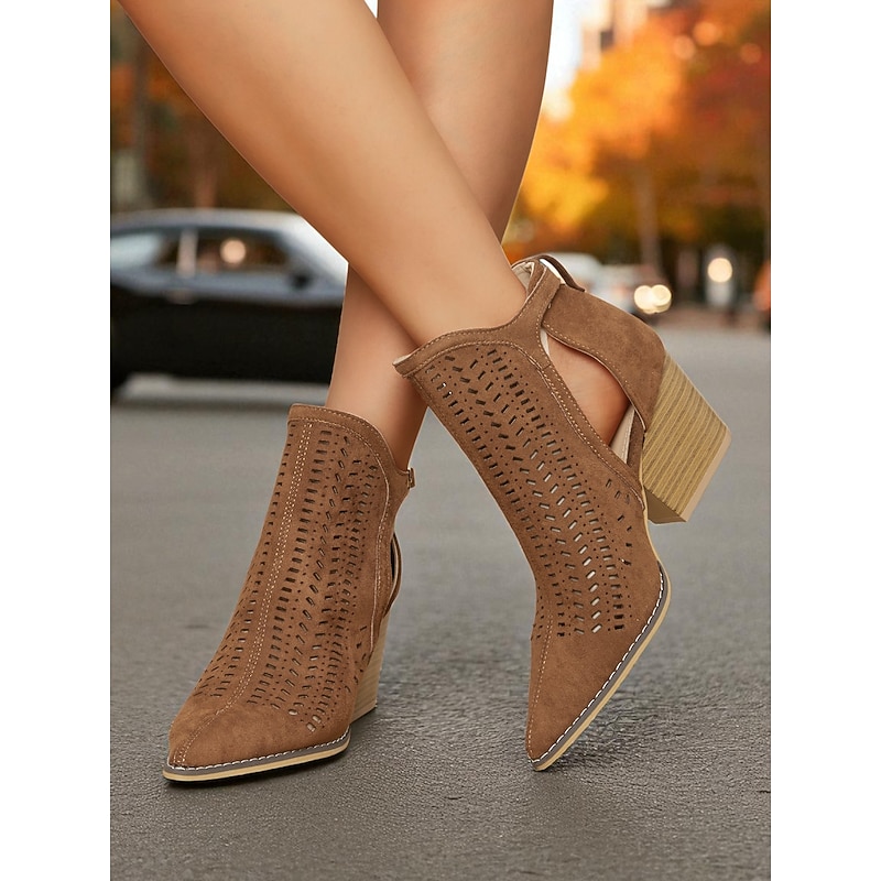 Women's Brown Suede Cutout Ankle Booties - Western Vintage 1970s Style Chunky Heel Side Zipper Boots for Ladies, Ideal for Music Festivals, Fall Outfits, and Halloween Costumes