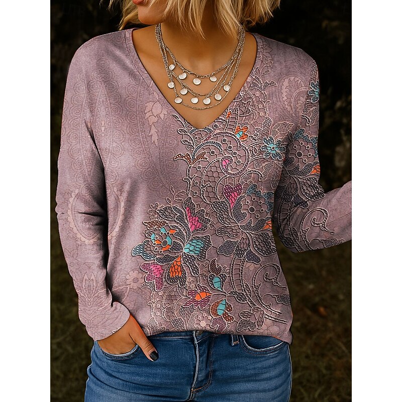 Women's T Shirt V Neck Long Sleeve Tunic Floral Graphic Plants Vintage Stylish Classic Regular Tops Daily Print Pink Blue Green Gray Spring Fall4
