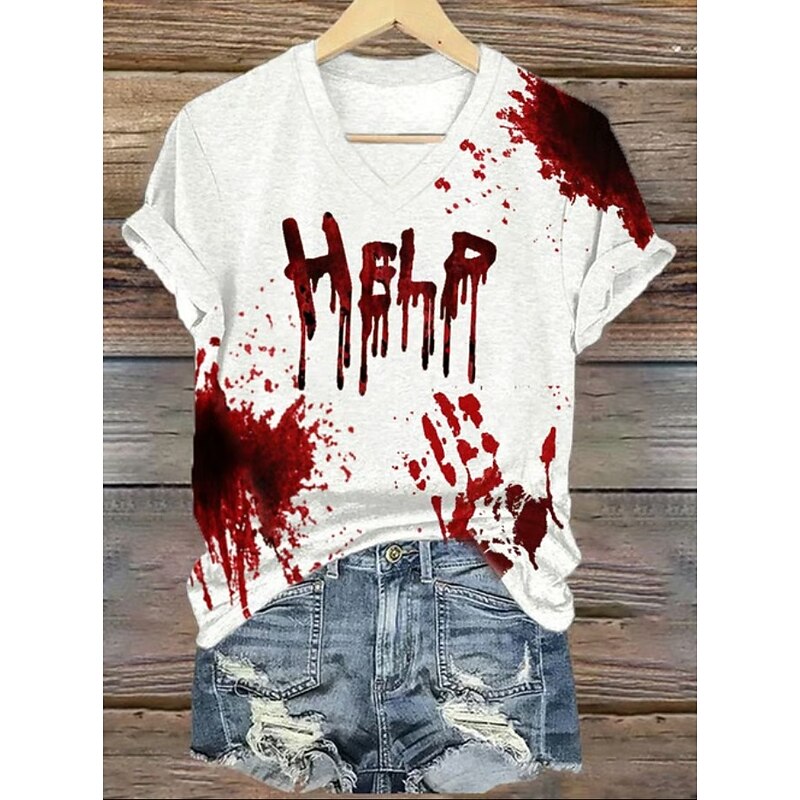 Halloween Women's T shirt Monster Graphic Vintage Stylish Classic Short Sleeve V Neck Regular Tops Daily Print Maroon Black White Red Summer Spring4