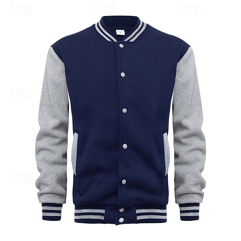 Men's Sweatshirt Button Up Hoodie Navy Blue Blue Light Grey Dark Gray Standing Collar Plain Patchwork Color Block Sports & Outdoor Casual Daily Streetwear Cool Sportswear Spring &  Fall Clothing4