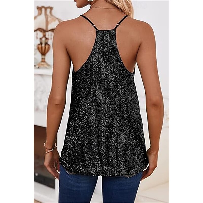 Women's Sequin Sparkly Party Glitter Sparkly Party Stylish Sleeveless Strap V Neck Regular Tops Party Evening Wear Daily Sequins Sparkle Silver Black Blue Gold Summer4