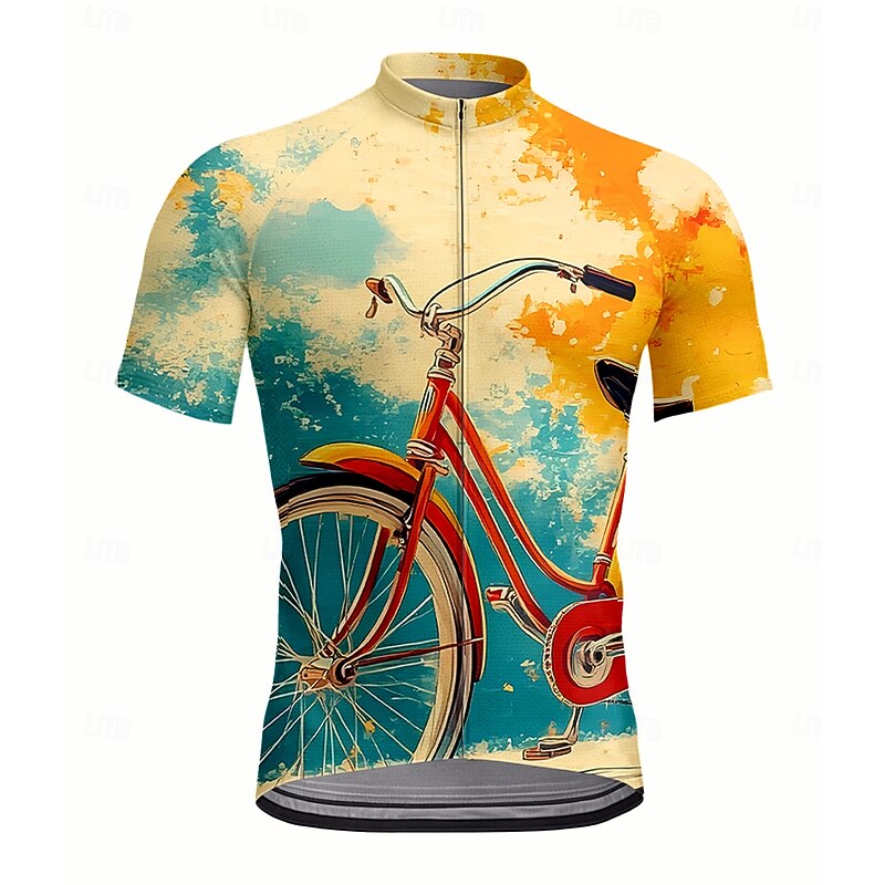 Men's Cycling Jersey Graphic Geometric Short Sleeve Bike Jersey Top with 3 Rear Pockets UV Resistant Quick Dry Front Zipper Reflective Strips Sports Khaki Clothing Apparel