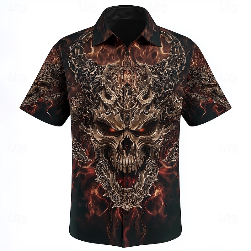 Men's Devil Flame Halloween Costumes Shirt Cuban Collar Shirt Button Up Shirt Short Sleeve Dark Punk Gothic Style Vacation Holiday Streetwear Summer Camp Collar Shirt 3D Print Black 1 Black Black 22
