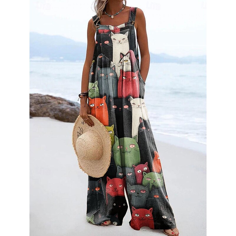 Women's Dungarees Active Graphic Sleeveless Wide Leg Vacation Street Loose Fit Black White Orange Summer4