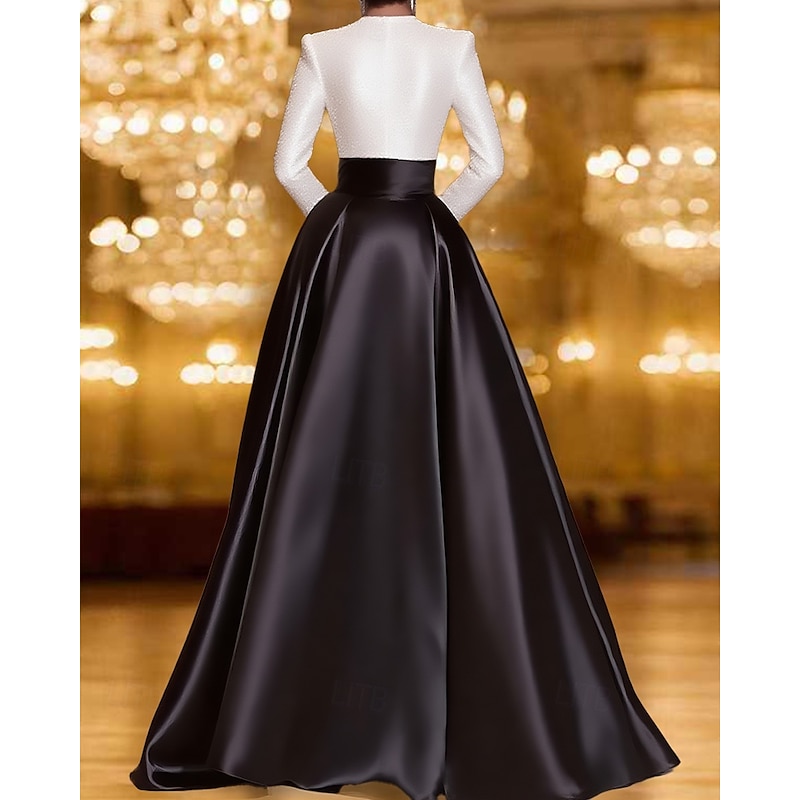 Black and White A-Line Evening Dresses Elegant Gown Formal Wedding Floor Length Long Sleeve Crew Neck Pocket Satin with Sequin Pocket2