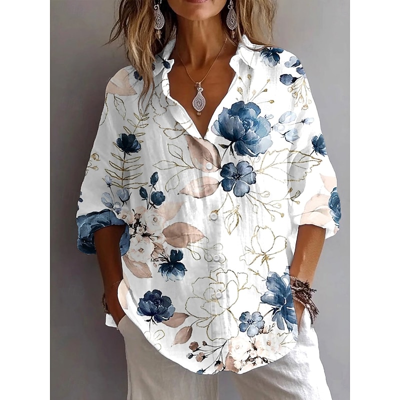 Women's Shirt Button Down Tunic Shirt Collar Long Sleeve Floral Graphic Vintage Tropical Daily Regular Tops Work Daily Holiday s Print Blue Brown Green Spring Fall