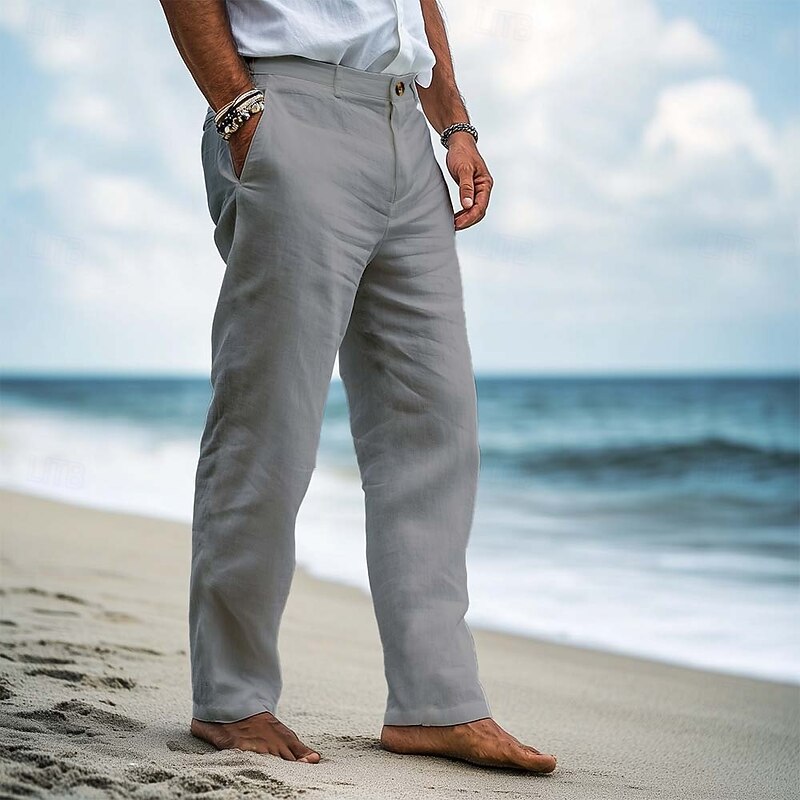 Men's Linen Pants Trousers Dress Pants Summer Pants Baggy Pants Front Pocket Straight Leg Plain Comfort Breathable Full Length Formal Business Holiday Vacation Fashion White Navy Blue Inelastic4