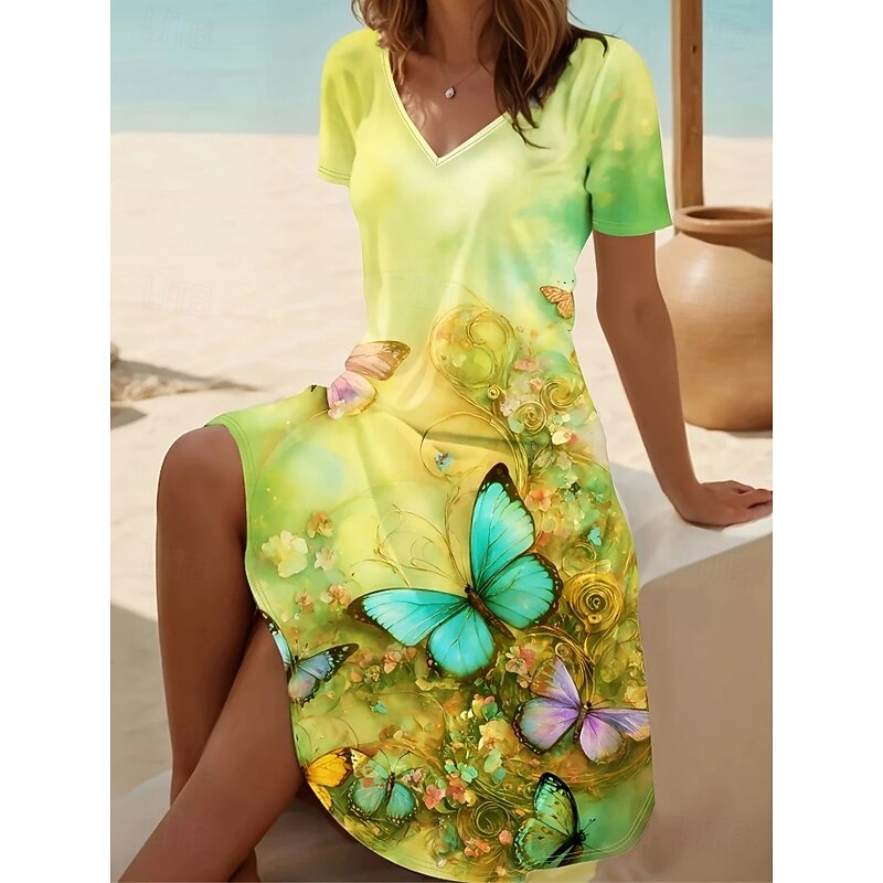 Women's Mini Dress T Shirt Dress Tee Dress A Line Dress Summer Dress Vacation Casual Daily Holiday Date Regular Fit Floral Graphic Animal Short Sleeve V Neck Yellow Red Blue Light Purple Summer Spring - Main Image