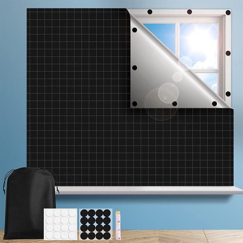 1PC Portable Blackout Curtain Fabric with Checkered Pattern, DIY Cut-to-Size Window Shade with Magic Tape, Removable Privacy Blinds for Home & Travel Use2