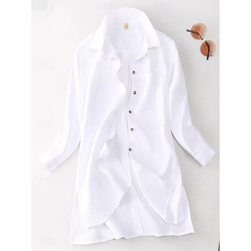 Women's Cotton Linen Shirts Solid Color Stylish Basic Casual Long Sleeve Shirt Collar Long Tops Daily Buttons White Army Green Khaki Summer Fall4