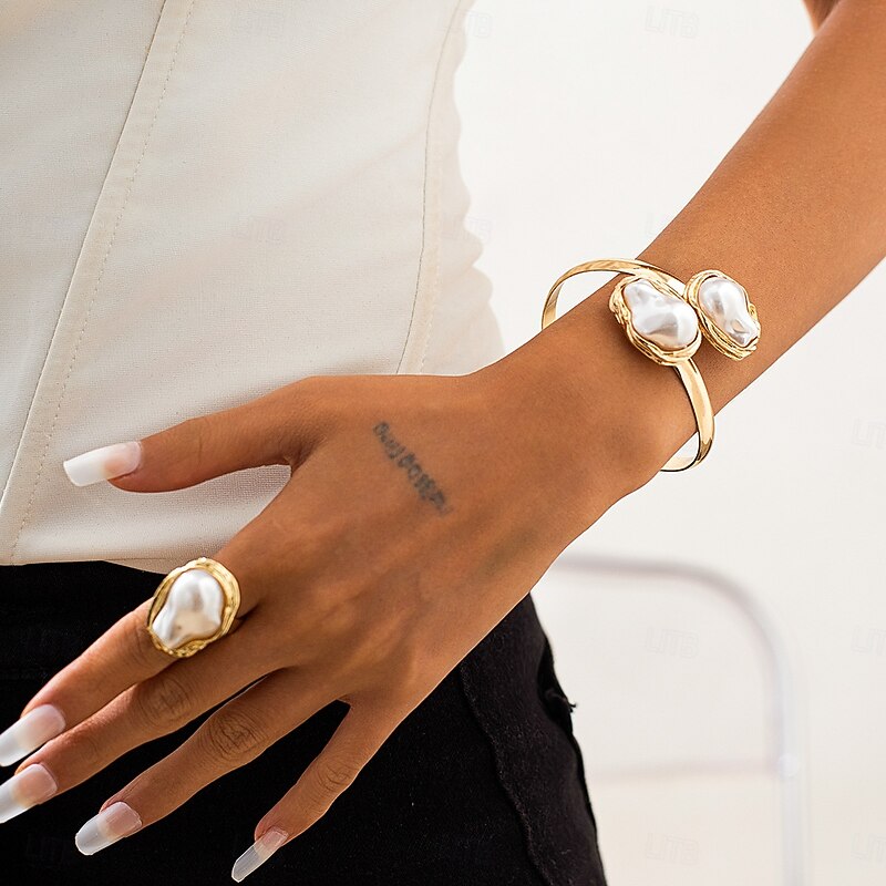 Women's Gold Chunky Choker,Bracelet, Ring Necklace with Baroque Pearl - Bold Statement Jewelry for Weddings, Galas and Evening Parties4