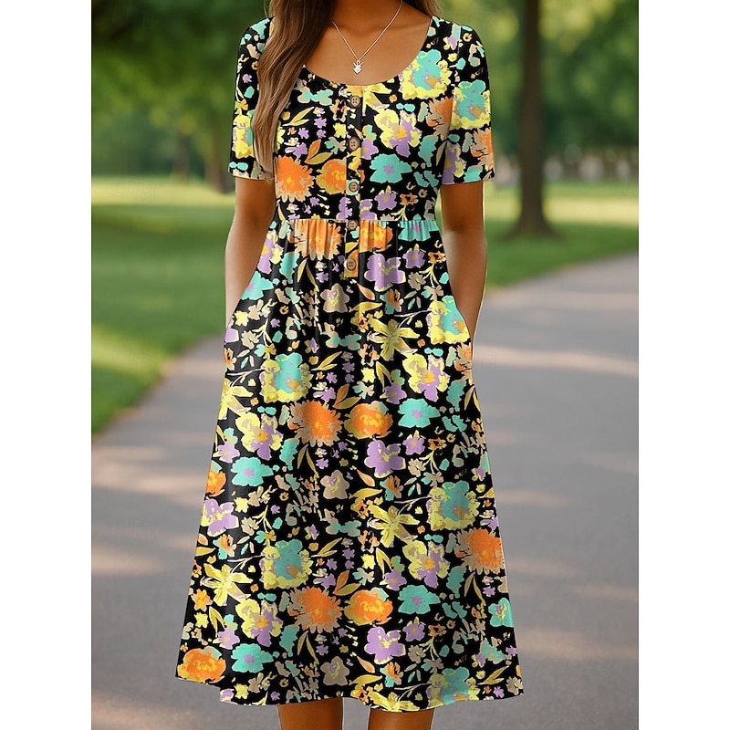 Women's Midi Dress Knit Dress Casual Dress Sundress A Line Dress Vacation Casual Beach Holiday Regular Fit Floral Graphic Short Sleeve Crew Neck Black Red Orange Beige Summer Spring4