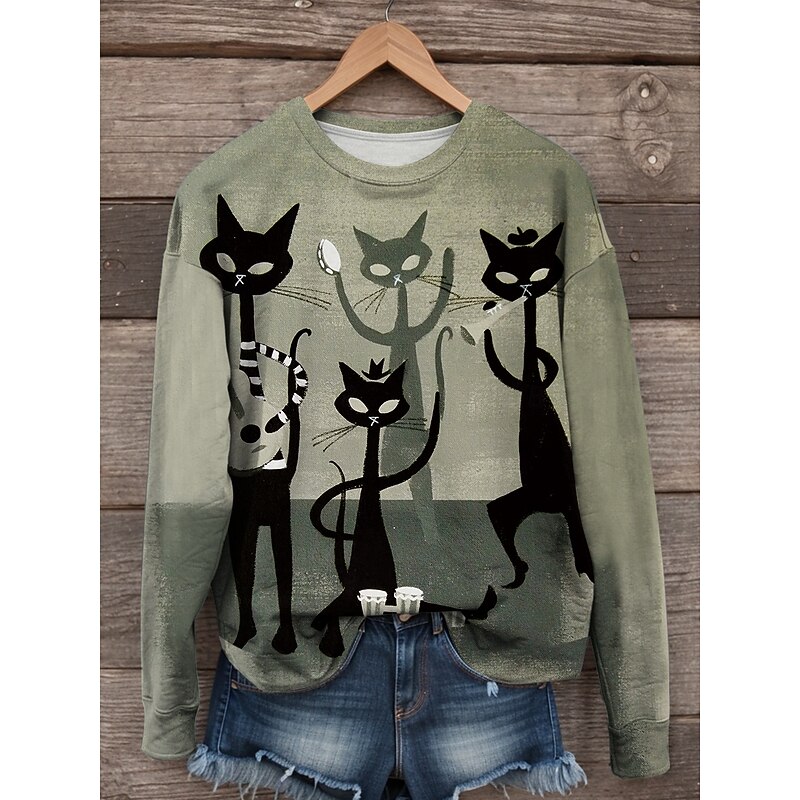 Halloween Women's Sweatshirts Black Cat Graphic Geometric Casual Long Sleeve Crew Neck Regular Tops Street Dailywear Print Pink Green Fall Winter