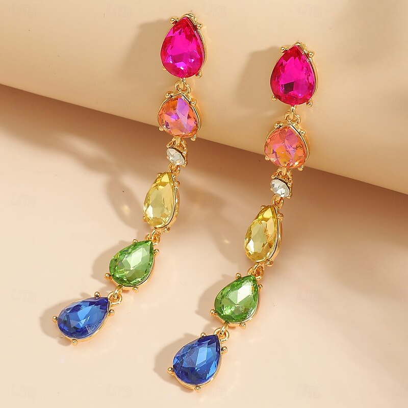 Women's Rainbow Crystal Drop Earrings - Colorful Teardrop Statement Jewelry for Parties and Celebrations2