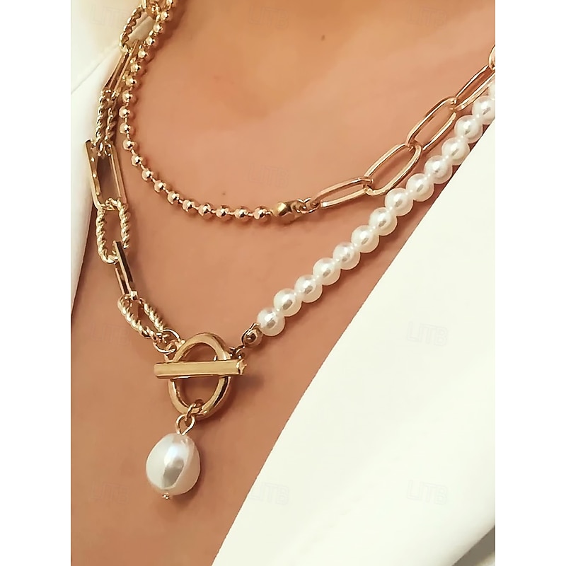 Women's Layered Gold Chain and Pearl Pendant Necklace – Elegant Alloy Jewelry for Cocktail Parties, Weddings and Office Outfits2
