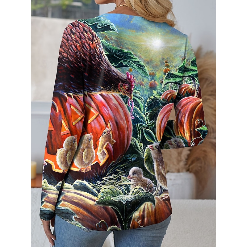 Dakota Daetwiler Halloween Women's T shirt Pumpkin Crew Neck Long Sleeve Tunic Graphic Animal  Casual  Regular Tops Daily Weekend Print Green Fall2