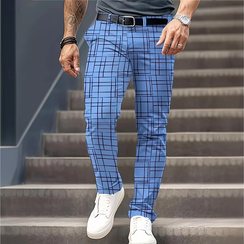 Men's Geometric Grid / Plaid Dress Pants Trousers Suit Pants Mid Waist Business Casual Formal Dailywear Slim Fit Pants with Pockets Spring Fall 3D Print Blue